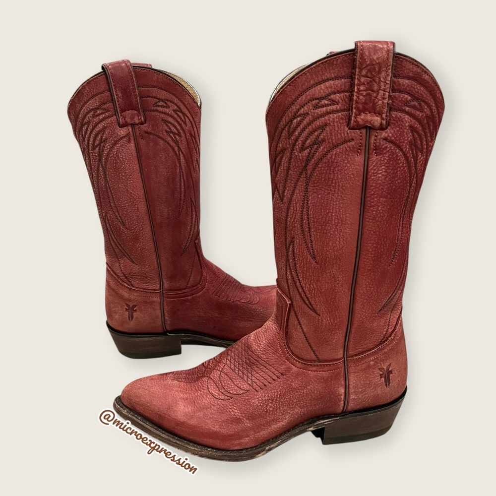 $385 Frye Billy Vintage Red Brick Leather Embroidered Pull-On Cowgirl Tall Boot - Picture 7 of 15